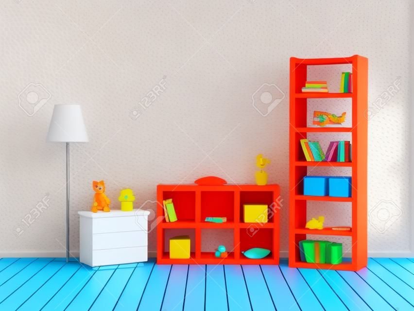 Turuncu duvara oyuncaklar ile kitaplıklar ile çocuk odası. 3d örnekleme
