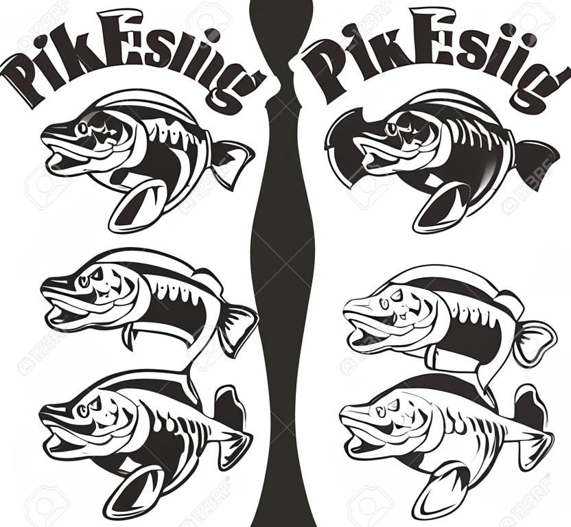 illustrazione vettoriale di emblemi pesca del luccio e loghi
