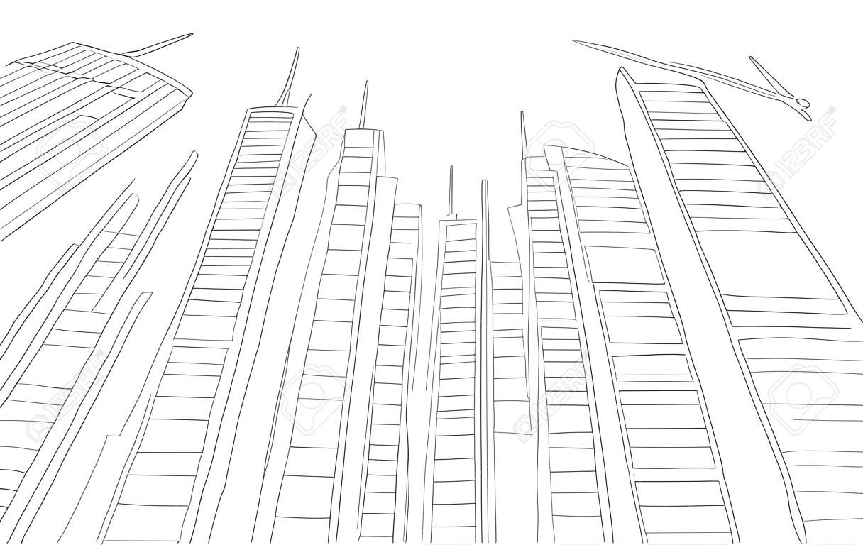 Big city skyscraper sketch buildings. Gray line skeleton strokes Modern architecture landscape. Hand drawn vector stock illustration.