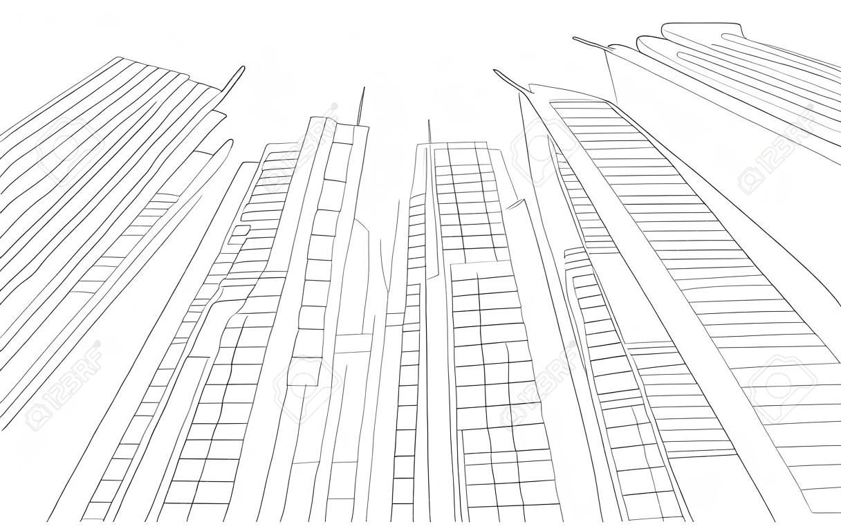Big city skyscraper sketch buildings. Gray line skeleton strokes Modern architecture landscape. Hand drawn vector stock illustration.