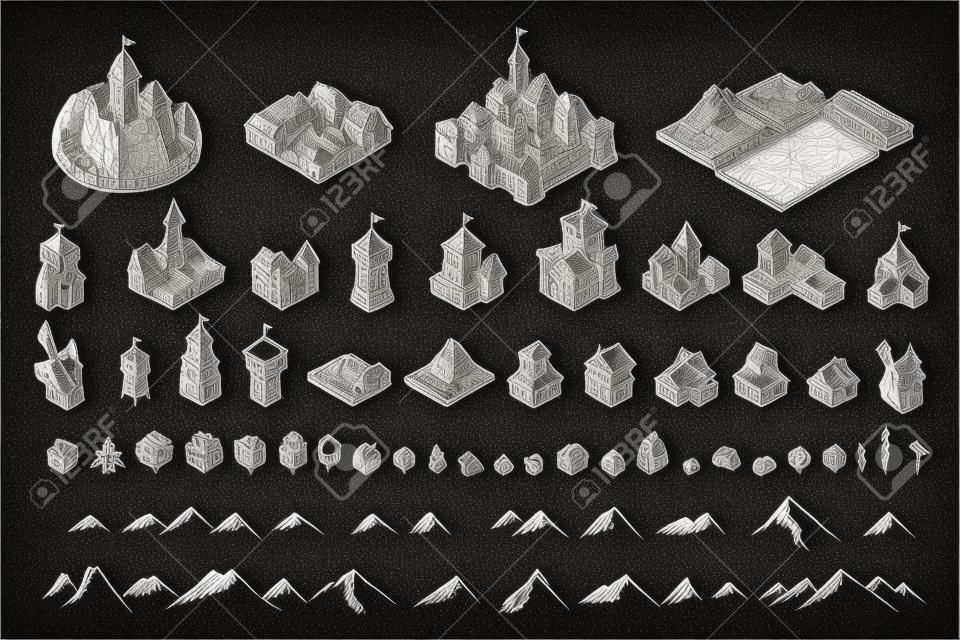 中世の都市地図キット。建物セット。中世のファンタジースケッチ。山と木々。ボードゲームのための選択。手描きのベクトル黒線。