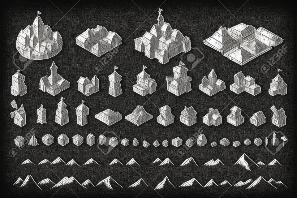 Kit de mapas de la ciudad de la Edad Media. Conjunto de edificios. Bosquejo de fantasía medieval. Montañas y árboles. Selección para juego de mesa. Línea negra de vector dibujado a mano.