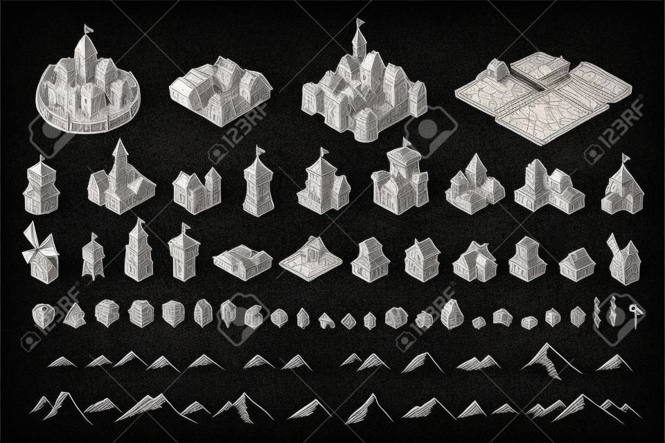 중세 도시 지도 키트. 건물을 설정합니다. 중세 판타지 스케치입니다. 산과 나무. 보드 게임을 위한 선택. 손으로 그린된 벡터 블랙 라인입니다.