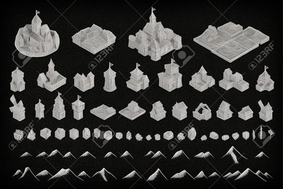Kit de mapas de la ciudad de la Edad Media. Conjunto de edificios. Bosquejo de fantasía medieval. Montañas y árboles. Selección para juego de mesa. Línea negra de vector dibujado a mano.