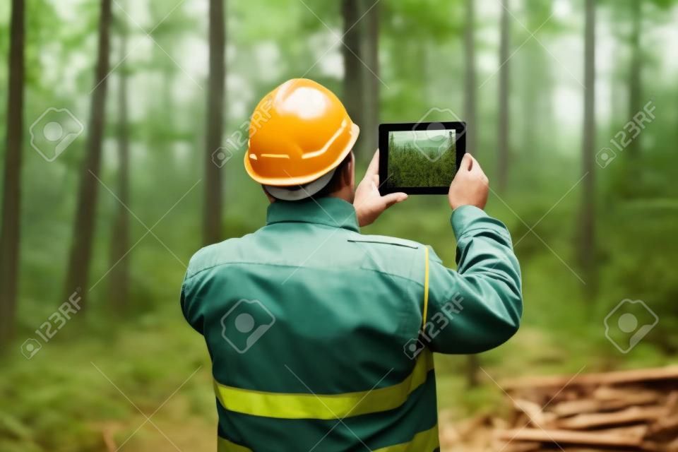 Лесничий с планшетным ПК в разрушенном лесу
