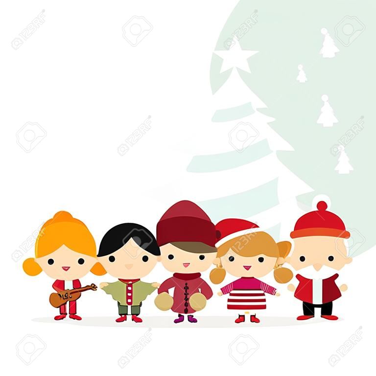 Cute family singing carols at Christmas Night with tree background. Spanish title. Vector illustration
