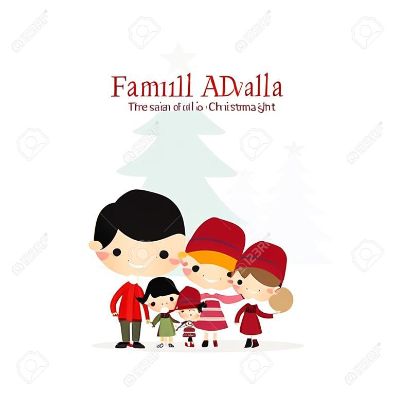 クリスマスの夜にキャロルをツリーの背景色でかわいい家族の歌。スペイン語タイトル。ベクトル図