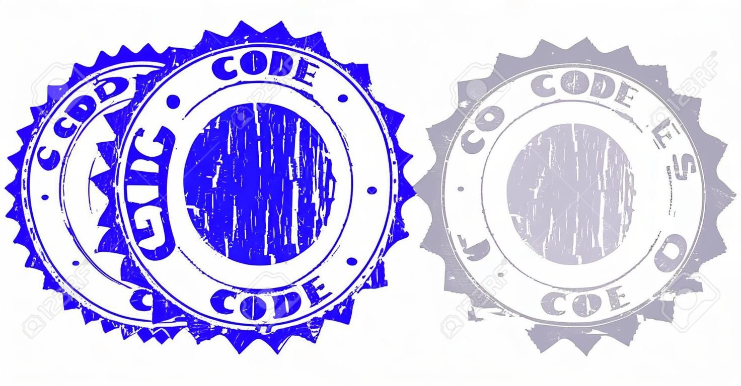 Grunge CODE stamp seals isolated on a white background. Rosette seals with grunge texture in blue and grey colors. Vector rubber stamp imitation of CODE tag inside round rosette.