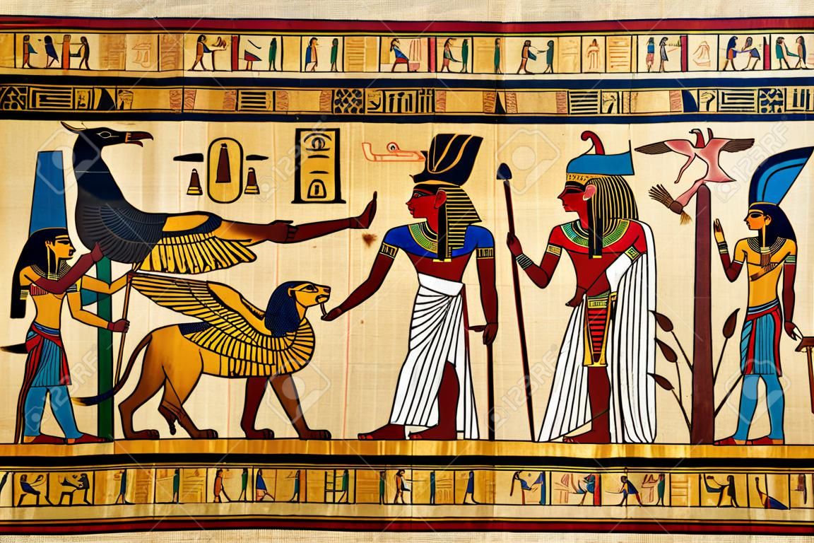 アンティークのエジプトのパピルスと象形文字