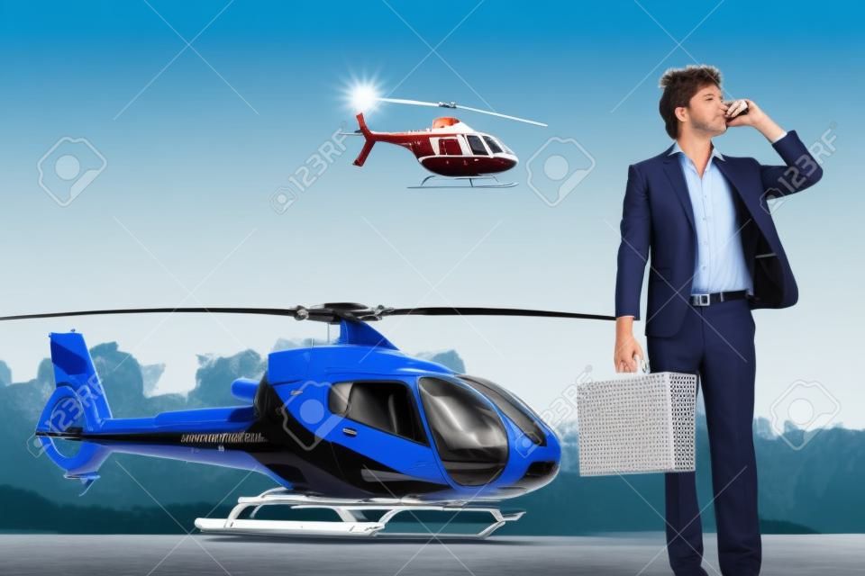 Businessman talking on the phone with helicopter in the background