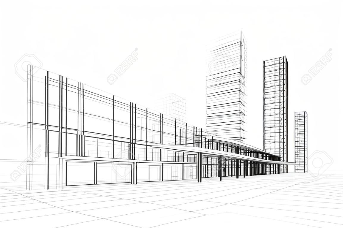 Abstrakter Aufbau 3D des Bürohauses, weißer Hintergrund. Konzept -
moderne Stadt, moderne Architektur und Entwerfen