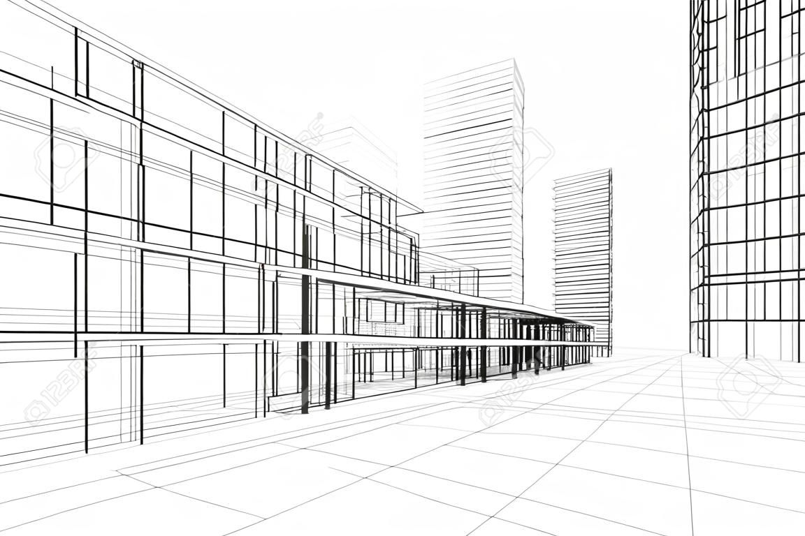 Abstrakter Aufbau 3D des Bürohauses, weißer Hintergrund. Konzept -
moderne Stadt, moderne Architektur und Entwerfen