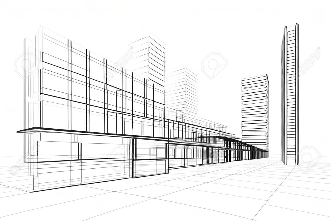 抽象的な 3 D 建設事務所ビル、白い背景。コンセプト - 近代都市、現代建築とデザイン