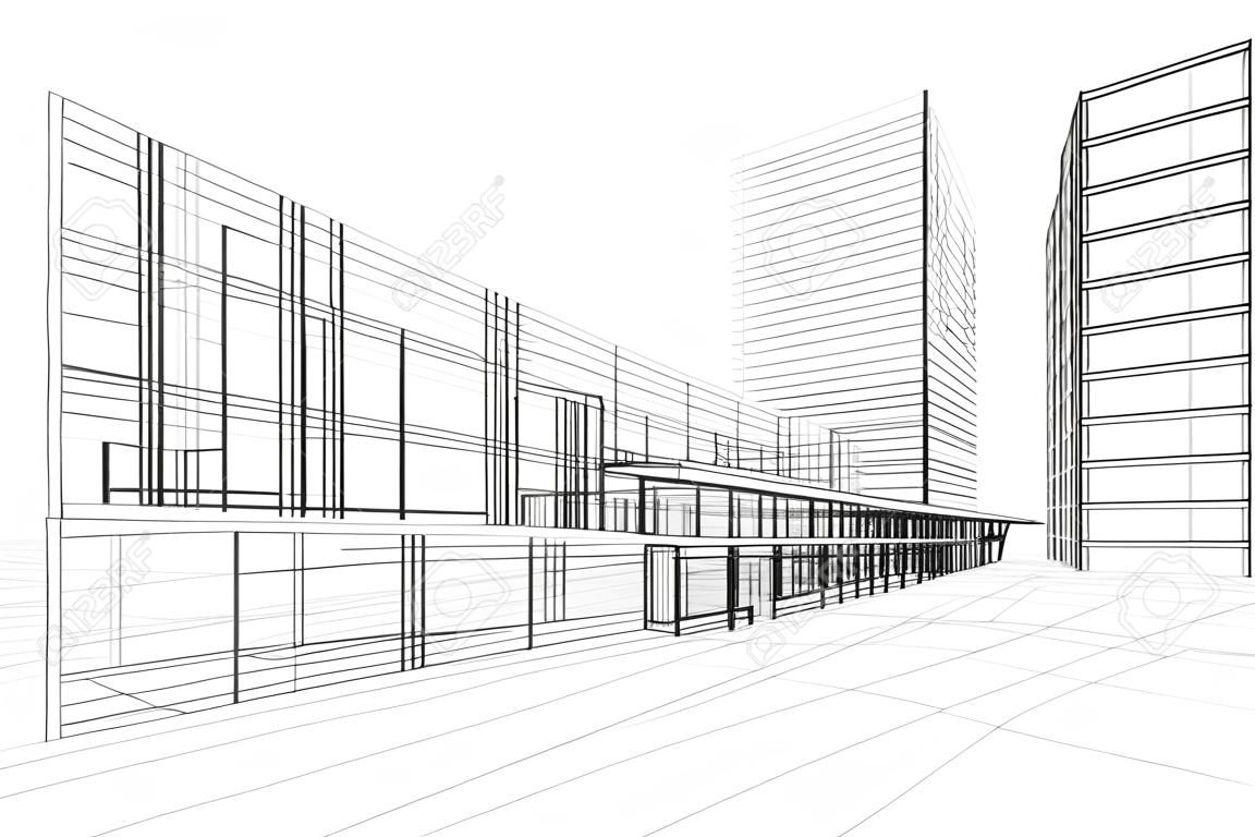 Construcción abstracta 3D del edificio de oficinas, fondo blanco.
Concepto - ciudad moderna, arquitectura moderna y el diseñar
