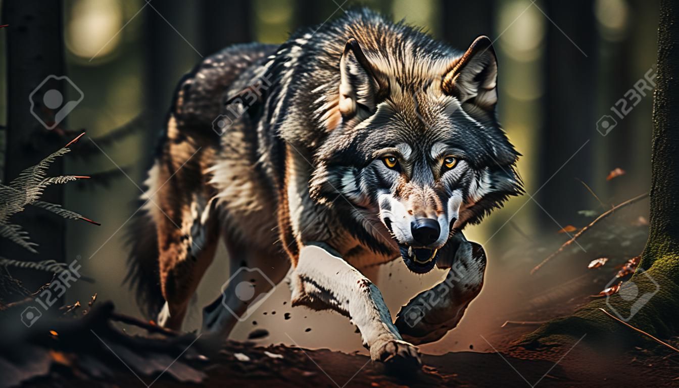 Toma dinámica de un lobo en el bosque con los ojos enfocados.