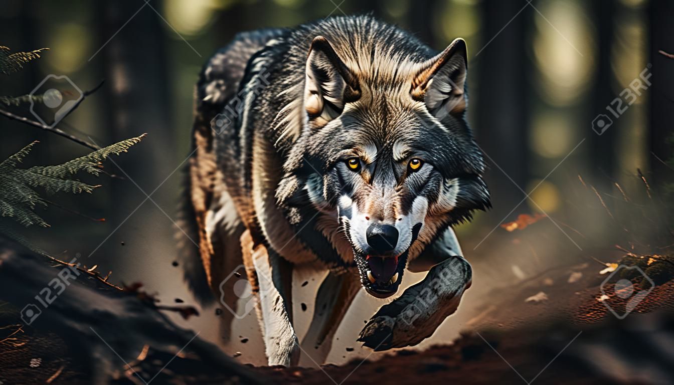 Toma dinámica de un lobo en el bosque con los ojos enfocados.