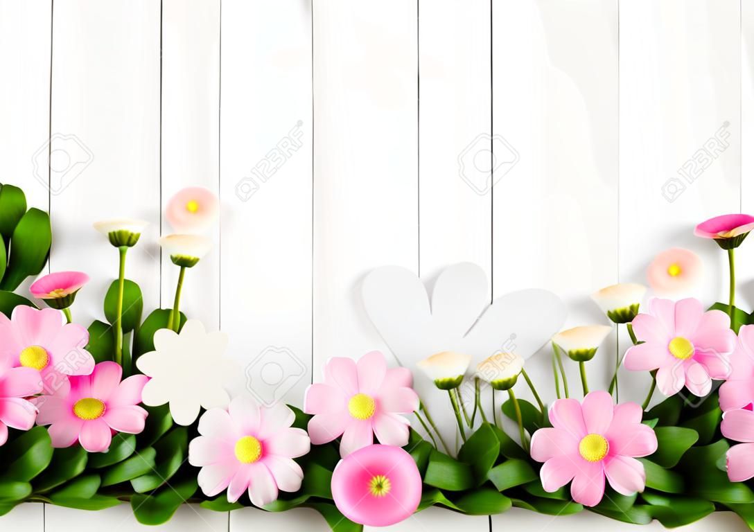 Daisy fleurs de printemps rose sur fond de bois blanc pour articles de décoration.