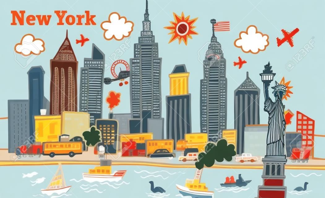 Иллюстрация мультяшном стиле Нью-Йорка, города