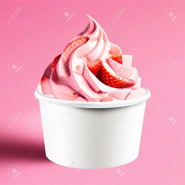 Strawberry frozen yogurt in blank takeaway cup with sauce on white background