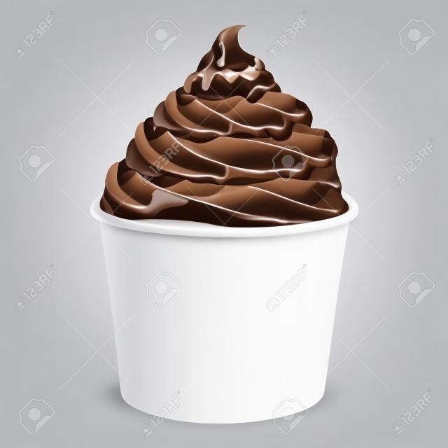 Soft ice cream with chocolate sauce  in paper cup on white background