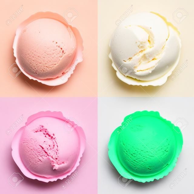 Strawberry, vanilla, chocolate and green tea ice cream scoops top view isolated on white background