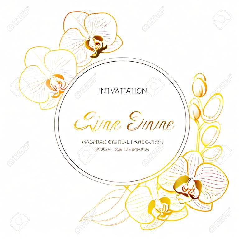 Phalaenopsis orchid flowers border frame decoration. Wedding marriage event invitation template. Modern luxury bright shiny golden gradient. Title text placeholder. Vector design illustration.