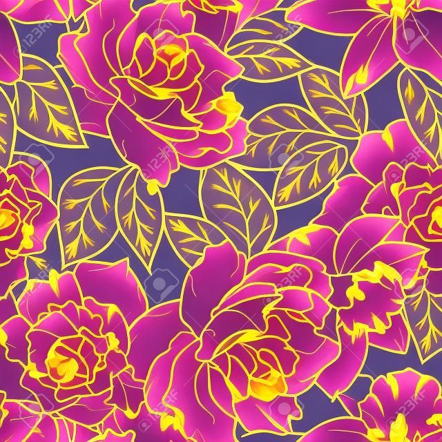 Patrón sin fisuras de primavera floral. Rosa peonía narciso narciso florecen las hojas en flor. Cobre oro contorno brillante fondo azul marino marino. Ilustración de vector de moda, textil, tela, decoración.