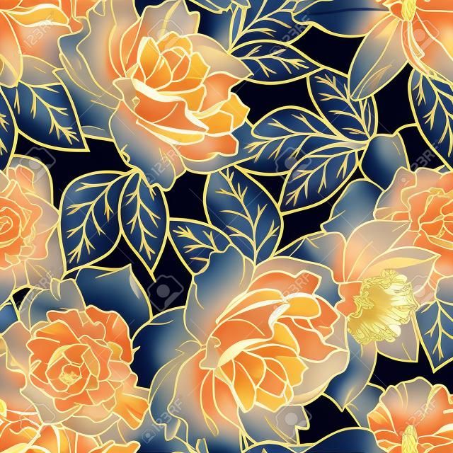 Modèle sans couture de printemps floral. Rose pivoine jonquille narcisse fleurissent des feuilles de fleurs. Cuivre doré contour brillant fond bleu marine foncé. Illustration vectorielle pour la mode, le textile, le tissu, la décoration.