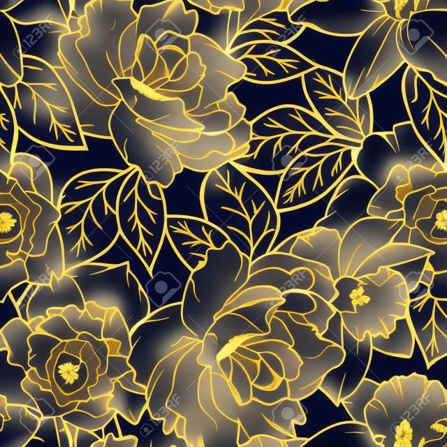 花の春のシームレスなパターン。ローズ牡丹水仙水仙花の葉。銅ゴールド光沢のある輪郭ネイビーダークブルーの背景。ファッション、テキスタイル、ファブリック、装飾のためのベクトルイラスト。