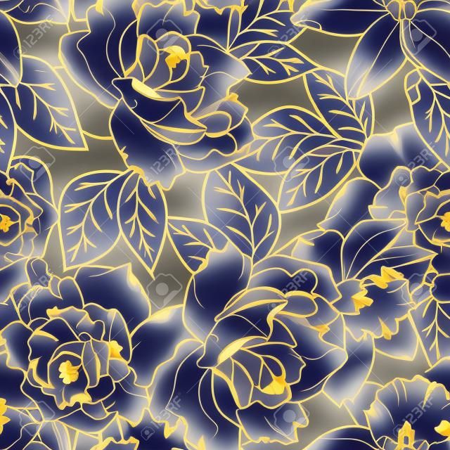 Floral primavera padrão sem emenda. Rosa peônia narciso flor flores folhas. Ouro de cobre brilhante contorno da marinha fundo azul escuro. Ilustração vetorial para moda, têxtil, tecido, decoração.