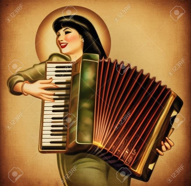 L'image d'une jeune fille jouant de l'accordéon. pin up rétro style traditionnel