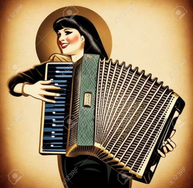 Immagine di una ragazza che gioca la fisarmonica. retro pin up in stile tradizionale
