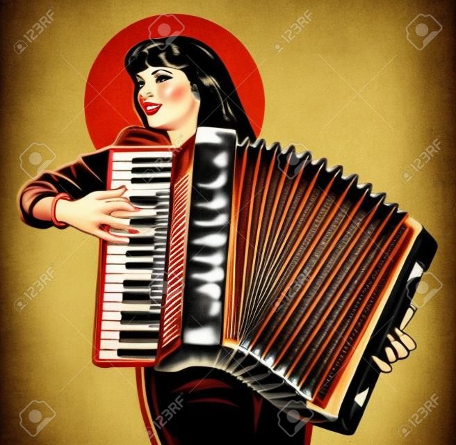 Immagine di una ragazza che gioca la fisarmonica. retro pin up in stile tradizionale
