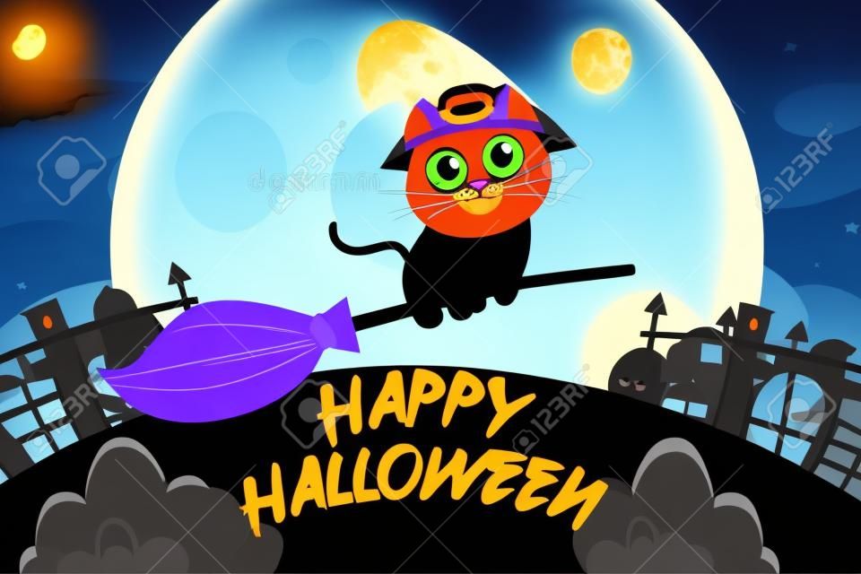 Happy Halloween Background with Happy Cute Black Cat Riding broomstick Full Moon in the sky. vector Illustration