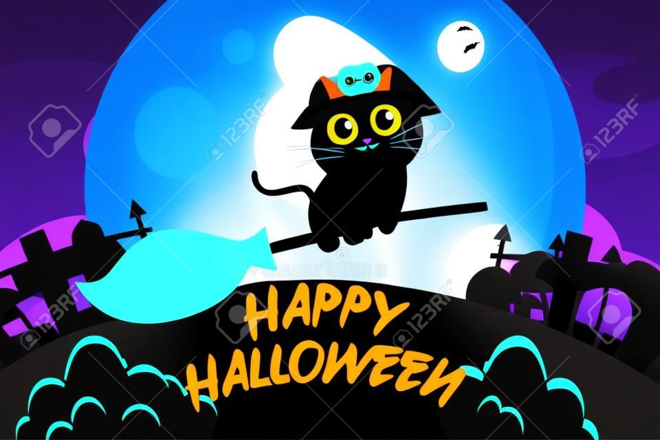 Happy Halloween Background with Happy Cute Black Cat Riding broomstick Full Moon in the sky. vector Illustration