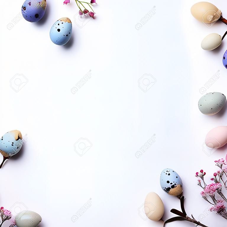 Border with Easter composition with spring flowers and colorful quail eggs over white background. Springtime and Easter holiday concept with copy space. Top view