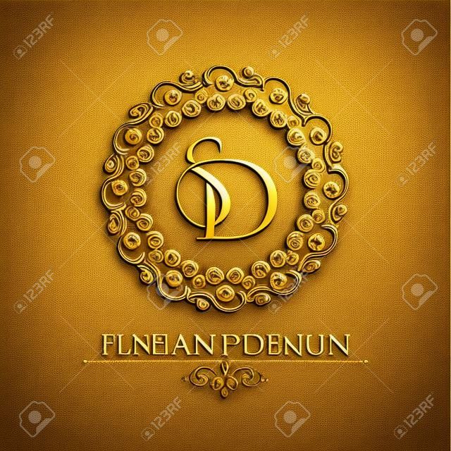 Monogram from intertwining letters SD in elegant flower frame. Baroque style. Place for the text. Golden template for cafe, bars, boutiques, invitations. Logo for business. Vintage vector elements of design.