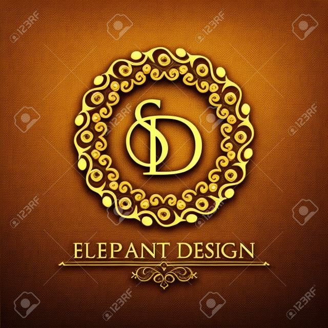 从交织字母SD在优雅的花框的巴洛克风格的地方，咖啡酒吧店标志设计商业复古请帖向量元素的文本模板是金色的