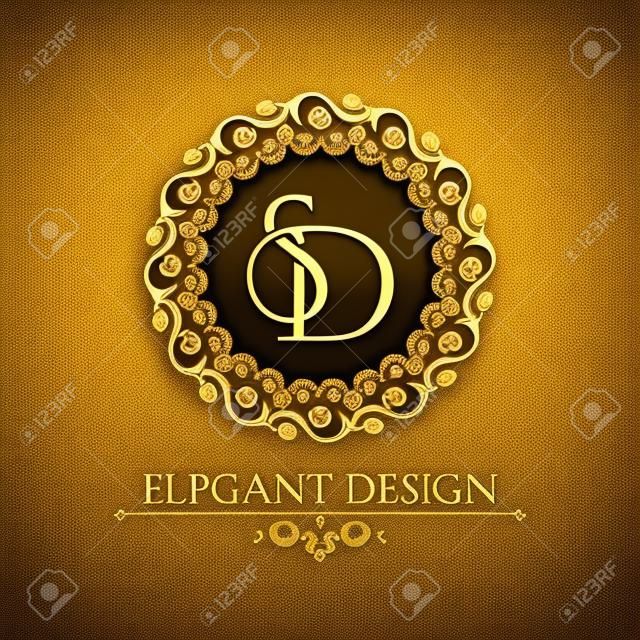 Monogram from intertwining letters SD in elegant flower frame. Baroque style. Place for the text. Golden template for cafe, bars, boutiques, invitations. Logo for business. Vintage vector elements of design.