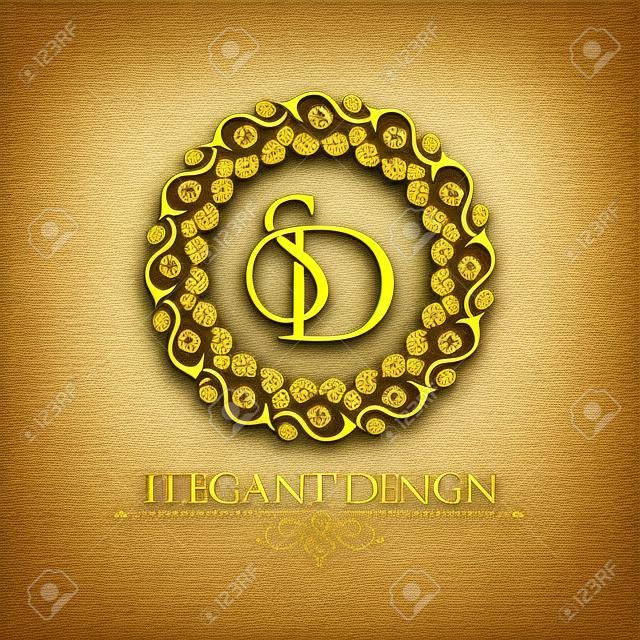 从交织字母SD在优雅的花框的巴洛克风格的地方，咖啡酒吧店标志设计商业复古请帖向量元素的文本模板是金色的