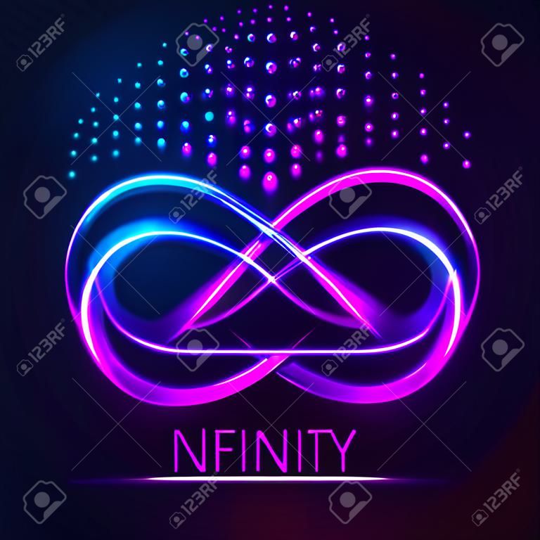 The shining infinity symbol.The neon shining object. Abstract background of an infinity sign. Dynamic scintillating lines. Design element. Vector illustration.