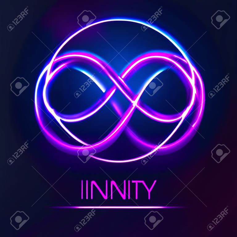 The shining infinity symbol.The neon shining object. Abstract background of an infinity sign. Dynamic scintillating lines. Design element. Vector illustration.