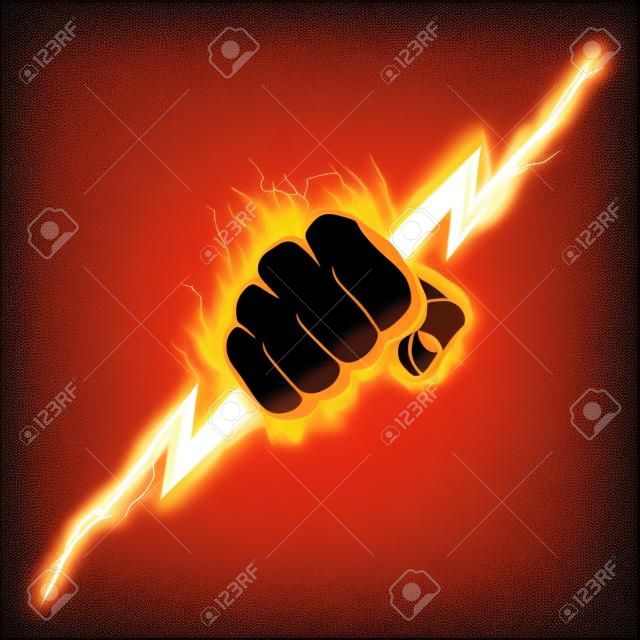 Il pugno in fiamme stringe un fulmine. L'illustrazione vettoriale che simboleggia la forza, il potere.
