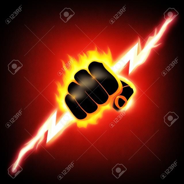 De brandende vuist knijpt een bliksem.De vector illustratie symboliseert kracht, de macht.