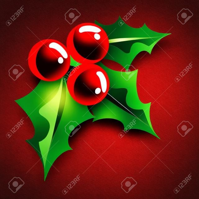 Świąteczna czerwona jagoda ostrokrzewu z zielonymi liśćmi dekoracja na tle nowego roku grudniowego święta ikona ilustracja