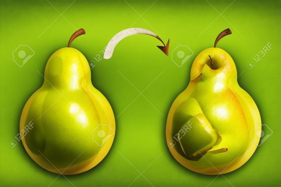 Healthy good pear fruit become bad. Rotten pear, food waste. Poisonous garbage. Dirty meal.