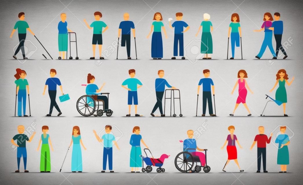 Disabled people set. Collection of characters with disability. Deaf, blind and handicapped women and men. Adults with prosthetic arms and legs. Guy in a wheelchair, injured girl with crutches.