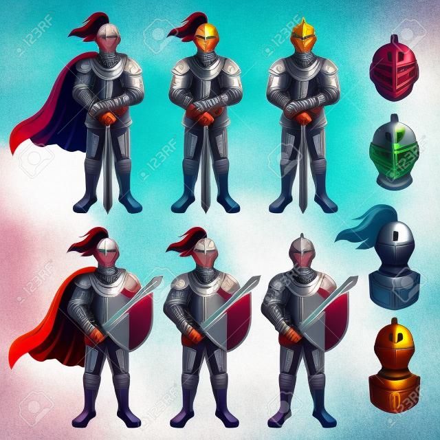 Set of color knights in different poses on white background.