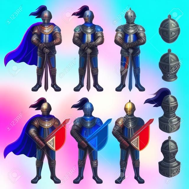 Set of color knights in different poses on white background.