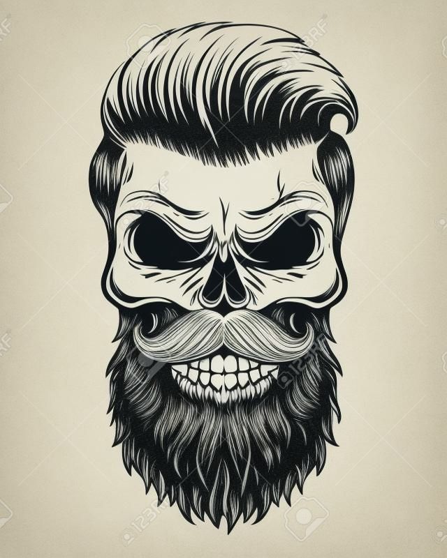Monochrome illustration du crâne avec barbe, moustache, hippie coupe de cheveux. Isolé sur fond blanc